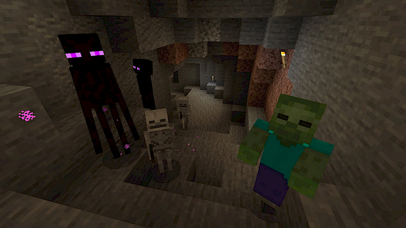 Das Bild zeigt  verschiedene Minecraft Monster in einer Höhle. Von links nach rechts: 2 Endermen, 1 Skelett, 1 Zombie