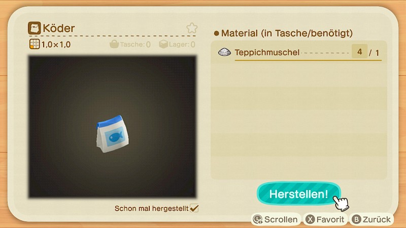 Das Bastel-Menü von Animal Crossing. Oben rechts wird angezeigt, dass der Spieler 4 Muscheln hat. Links ist ein Bild des Köders den der Spieler herstellen kann.