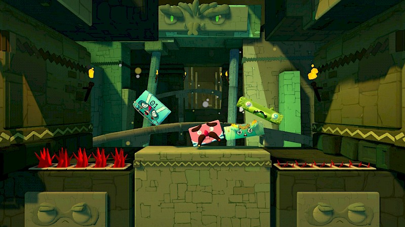 Ein Screenshot von Tilt Pack. Im Hintergrund ist eine dunkle Umgebung aus Steinen. Die meisten Charaktere haben eine ähnliche blau-grüne Farbe und sind deshalb nicht gut zu erkennen.