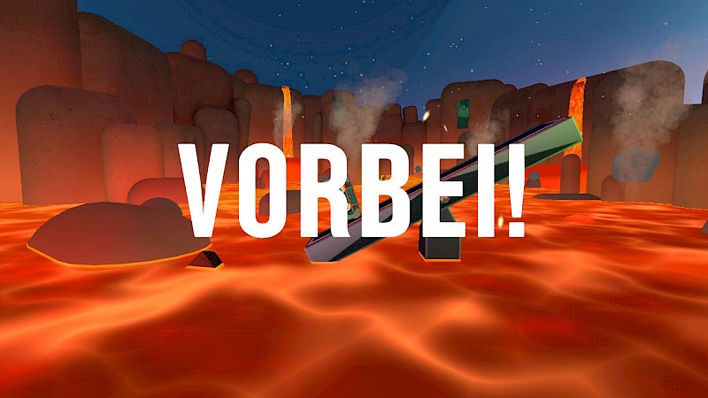 Ein Screenshot von Tilt Pack. Das Wort "Vorbei!" steht in großen Buchstaben auf einem Lava-Hintergrund.