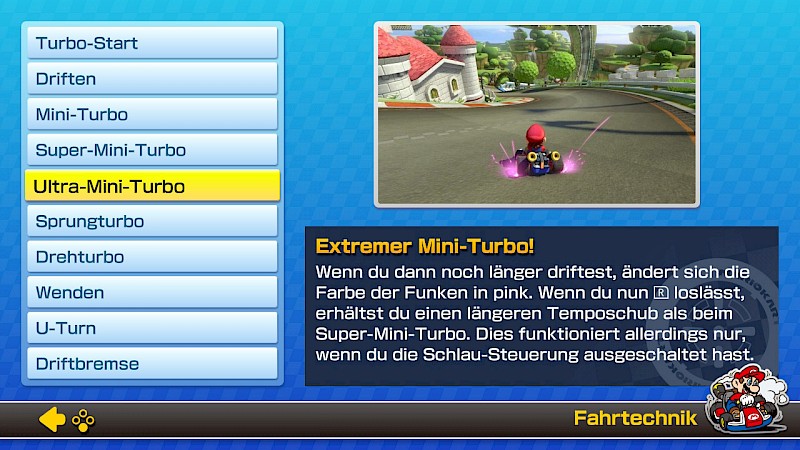 Ein Screenshot von Mario Kart. Im Menü zu Fahrtechnik stehen Erklärungen.