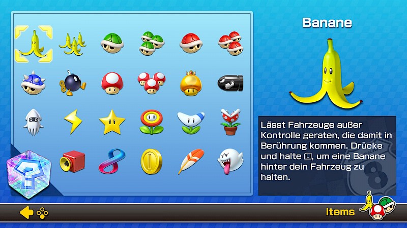 Ein Screenshot von Mario Kart. Im Menü zu Items stehen Erklärungen.