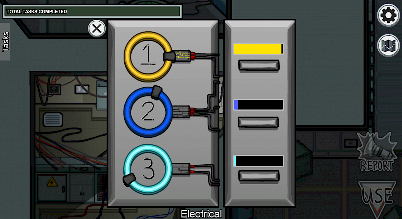 Eine Aufgabe zur Stromversorgung. Links stehen untereinander die Zahlen 1, 2, 3 neben den Zahlen ist ein Knopf. Du musst im richtigen Moment auf den Knopf drücken.