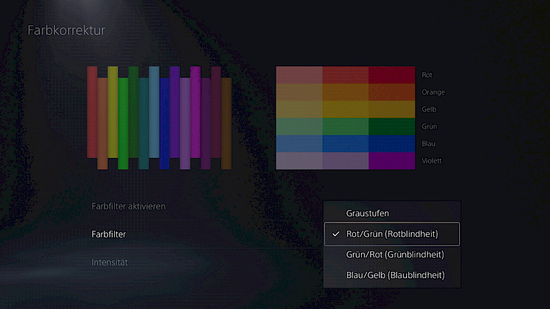Ein Screenshot aus der Farbkorrektur Einstellung. Die Option "Farbfilter" ist aktiviert. Daneben gibt es die Optionen: Graustufen, Rotblindheit, Grünblindheit und Blaublindheit