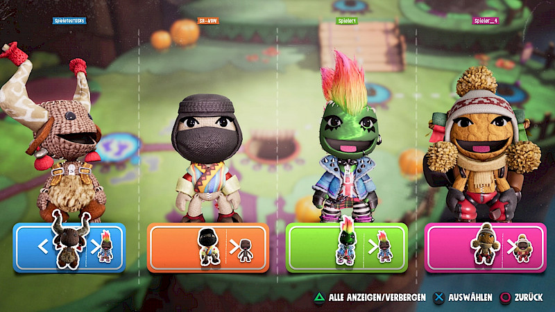 Die Outfitwahl: Vier Figuren stehen nebeneinander unter ihnen sind die verfügbaren Kostüme angezeigt.