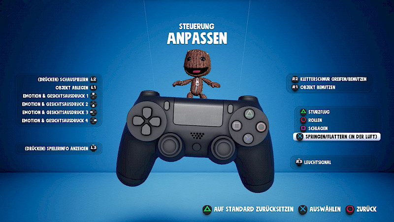 Die Steuerungs-Einstellungen. In der Mitte ist ein PS4 Controller abgebildet. Links und Rechts daneben stehen alle verfügbaren Tasten und befehle.