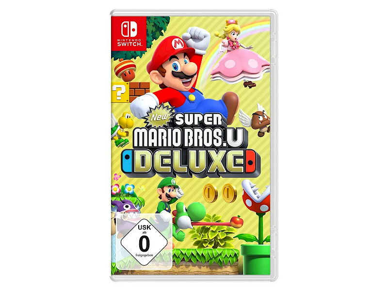 Das Cover von New Super Mario Bros. U Deluxe. Die Figuren Mario, Luigi und Peach sind zu sehen.