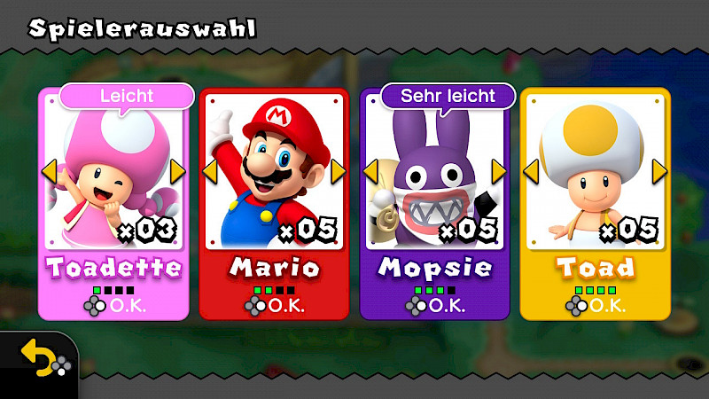 Die Spielerauswahl. Vier Charaktere sind ausgewählt: Toadette, Mario, Mopsie und Toad. Über Toadette steht: Leicht. Über Mopsie steht: Sehr leicht