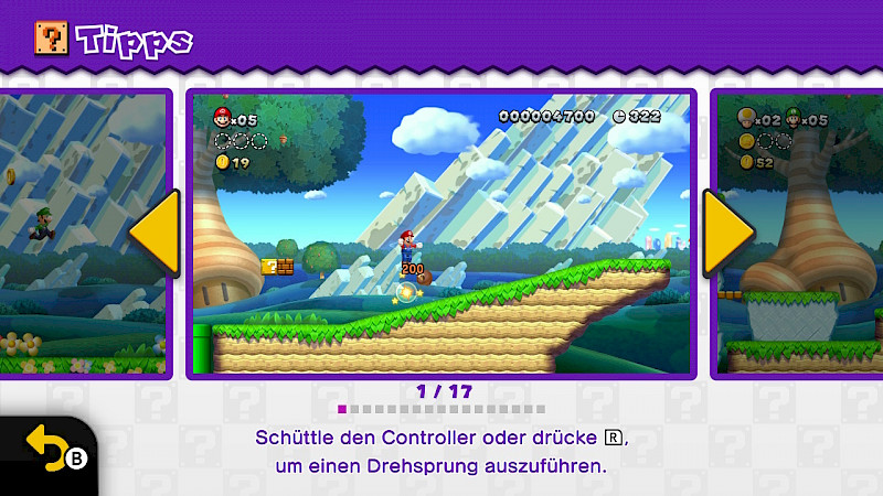 Die Tipps. Auf einem Bild ist Mario in der Luft. Darunter steht: 1/17 Schüttle den Controller oder Drücke R um einen Drehsprung auszuführen