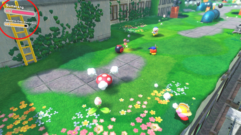 Kirby und der Assistent sind in einem Level. Der Fokus ist auf den Lebensanzeigen in der Oberen Linken Ecke. Die Lebensanzeigen sind Pink und Gelb mit einem grauen Rand.