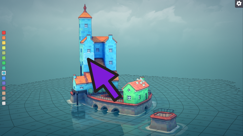 Ein Screenshot aus dem Spiel. Ein großer, lilaner Mauszeiger zeigt auf ein Gebäude.