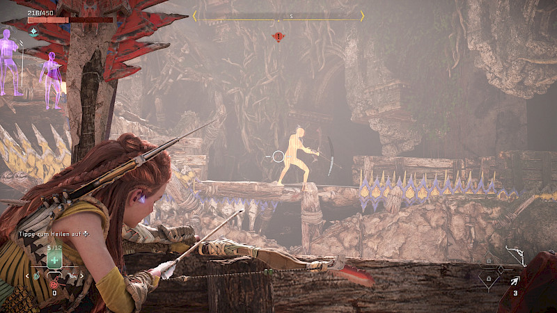 Ein Screenshot aus dem Spiel. Aloy zielt auf einen Menschen. Dieser wird komplett gelb angezeigt.