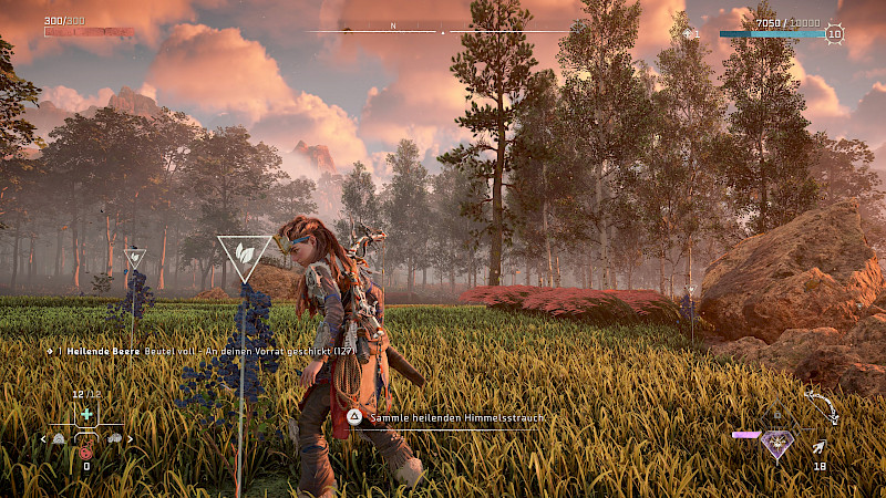 Ein Screenshot aus dem Spiel. Über einer sammelbaren Pflanze ist ein Pflanzensymbol angezeigt.