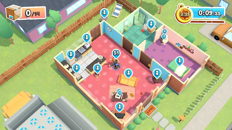 Ein Screenshot vom Spiel. Über manchen Möbeln ist ein blauer Kreis mit einem weißen Symbol, das eine Figur darstellt.