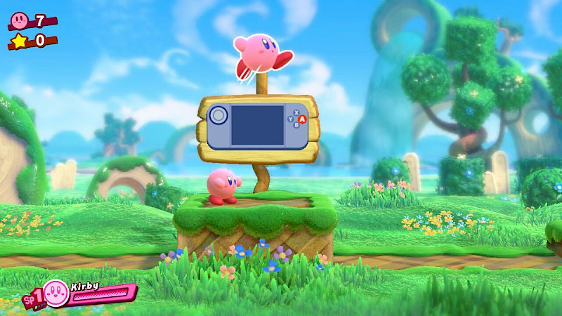 Kirby steht auf einer Anhöhe. Darüber ist eine Switch abgebildet, der A Knopf ist rot Markiert, darüber ist ein Bild von einem springenden Kirby.