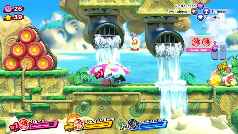 Aus zwei Rohren kommt Wasser. Kirby schütz seine Freunde mit einem Regenschirm vor dem Wasser.