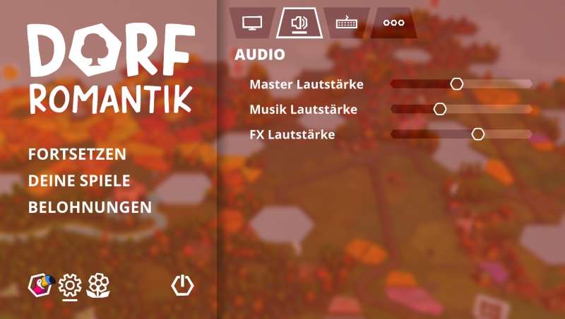 Der Screenshot zeigt das Menü des Spiels. Unter Audio gibt es drei Regler: Master Lautstärke, Musik Lautstärke, FX Lautstärke.
