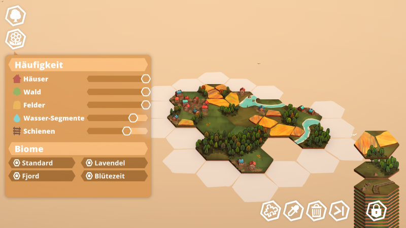 Auf dem Screenshot ist der Kreativ-Modus des Spiels zu sehen. Es lässt sich alles einstellen: Die Häufigkeit der Elemente, die verschiedenen Biome und auch die Kärtchen kannst du frei wählen.