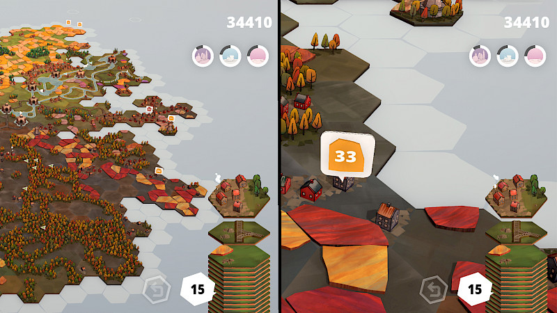 Es ist ein zweigeteilter Screenshot zu sehen. Auf der linken Seite ist die Landschaft rausgezoomt und die Kärtchen sind kleiner zu erkennen. Auf der rechten Seite ist das Spiel reingezoomt und die Kärtchen sind deutlich größer.