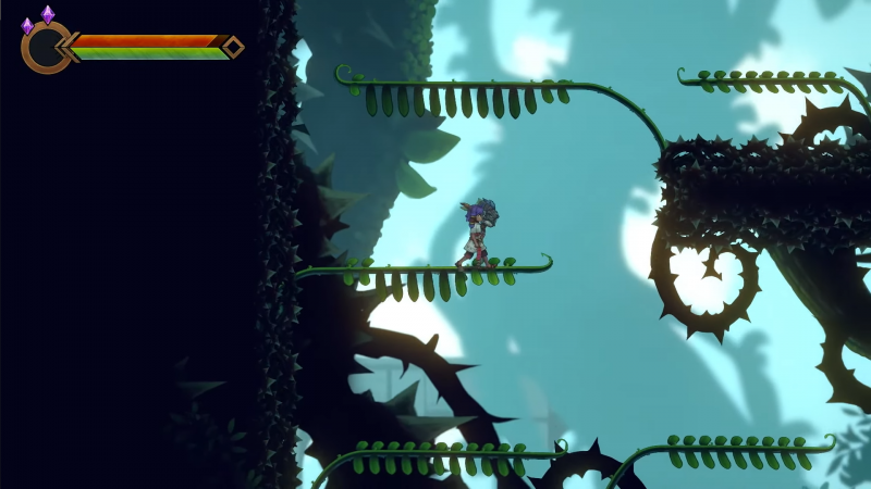 Die Spielfigur bewegt sich auf einer Art Palm-Wedeln, die ihr als verschiedene Plattformen dienen.
