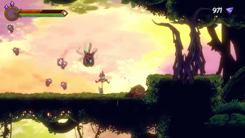 Die Spielfigur kämpft gegen fliegende Insekten. Sie schlägt mit ihrem Hammer auf den Boden.