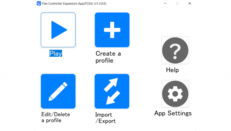 Das Hauptmenü der Expansion App. Folgende Optionen hast du: Play, Create a Profile, Edit/Delete a profile, Import/export, Help, Settings