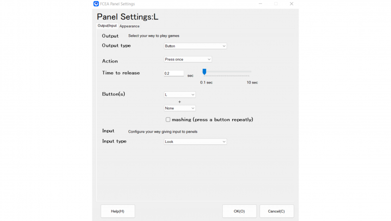 Die Panel Settings. Folgende Dinge lassen sich anpassen: Output Type, Action, Time to release, Buttons, Input Type