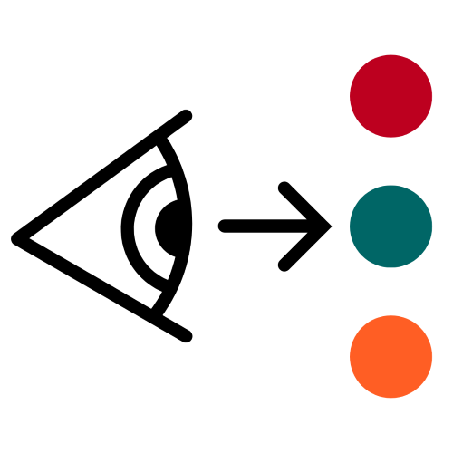Ein Pfeil zeigt von einem Auge weg. Er zeigt auf einen roten, grünen und orangenen Kreis.