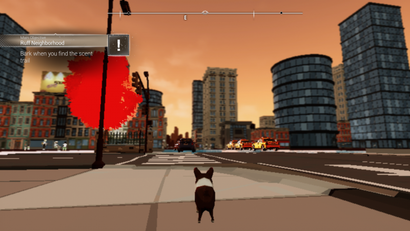 Das ist ein Beispiel der optischen Umsetzung von Lost and Hound. Der Ausschnitt zeigt eine typische Umgebung des Spiels und die zentrale Position von Biscuit.