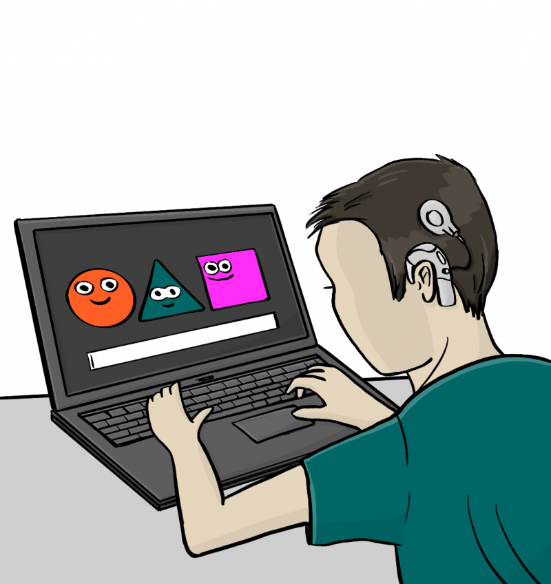 Zeichnung von einem Jugendlichen. Er schreibt an einem Laptop. Darauf sind drei Emojis von Gaming ohne Grenzen: Ein orangener Kreis, ein grünes Dreieck, ein pinkes Quadrat. Der Junge vor dem Bildschirm trägt ein grünes Tshirt und ein Cochlear Implantat.