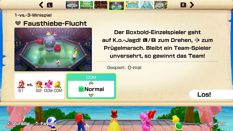 Die Einstellungsmöglichkeiten der Computer (COM). Auf dem Bild ist der Schwierigkeitsgrad “Normal” ausgewählt. Du kannst aber auch “Leicht” oder “Schwer” auswählen.