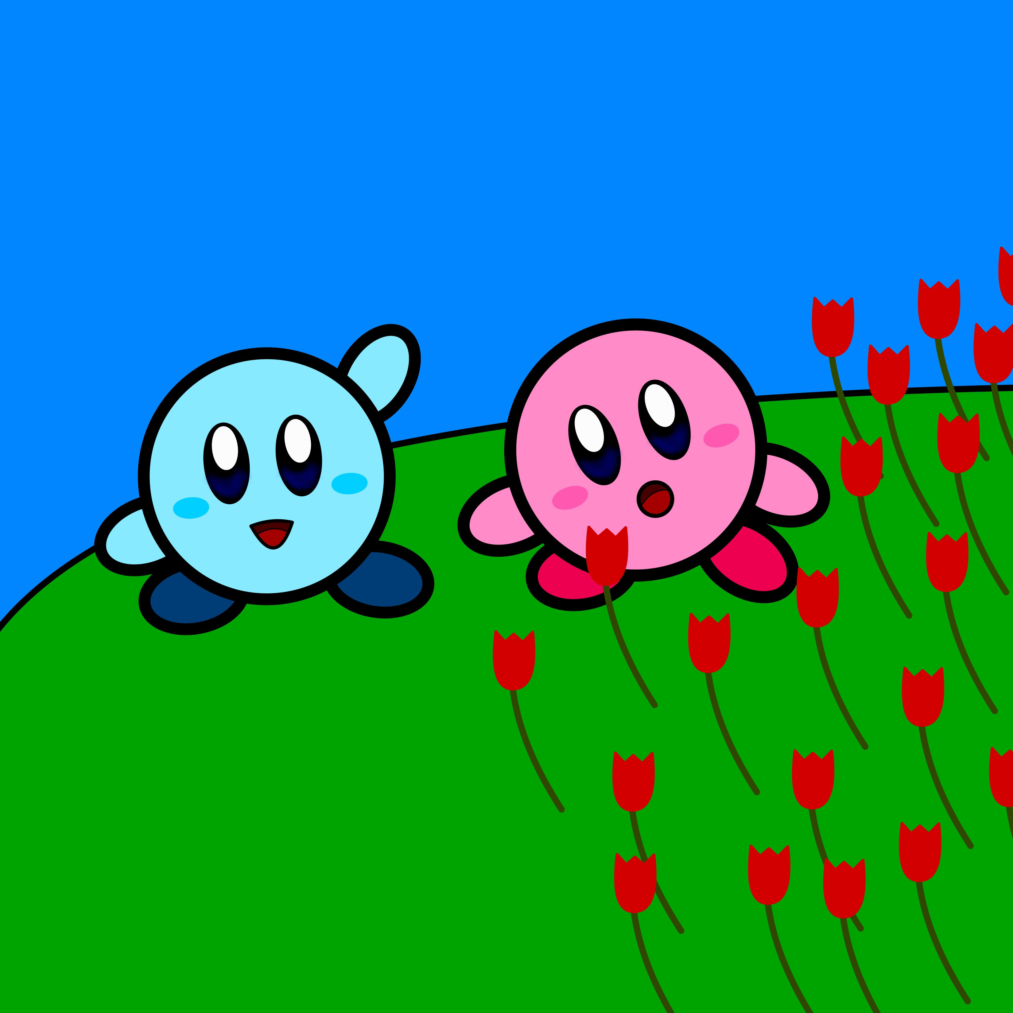 Gezeichnet von Jayden. Ein blauer und ein pinker Kirby auf einer Wiese.