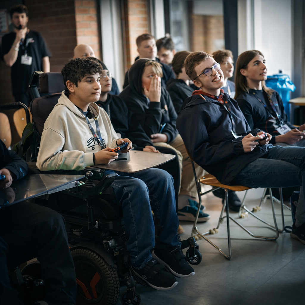 Eine Gruppe von Jugendlichen sitzt in einem hellen Raum dicht nebeneinander und spielt Videospiele mit Controllern. Im Vordergrund sitzt ein Junge im Rollstuhl mit einem Controller in der Hand, neben ihm weitere Jugendliche auf Stühlen, die aufmerksam auf