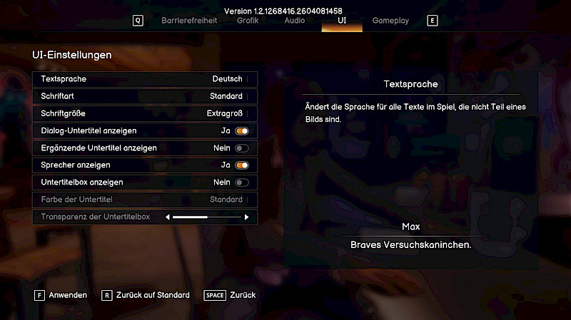 Screenshot von Life is Strange Reunion. Es ist ein dunkler Hintergrund mit weißer Schrift. Es sind die UI-Einstellungen.