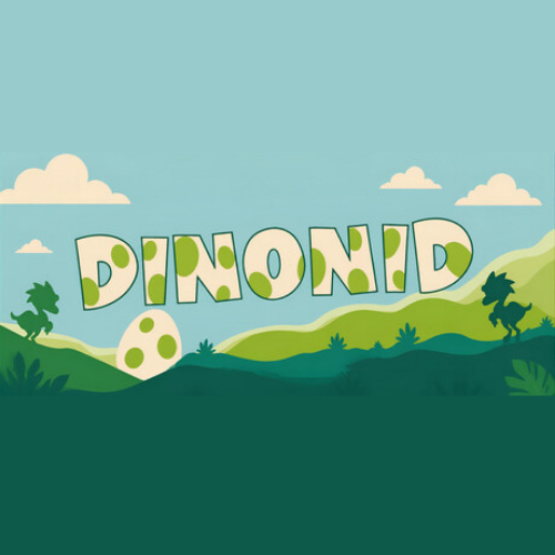 Der Schriftzug „DINONID“ mit grünen Hügeln, Dinosauriern und einem gefleckten Ei.